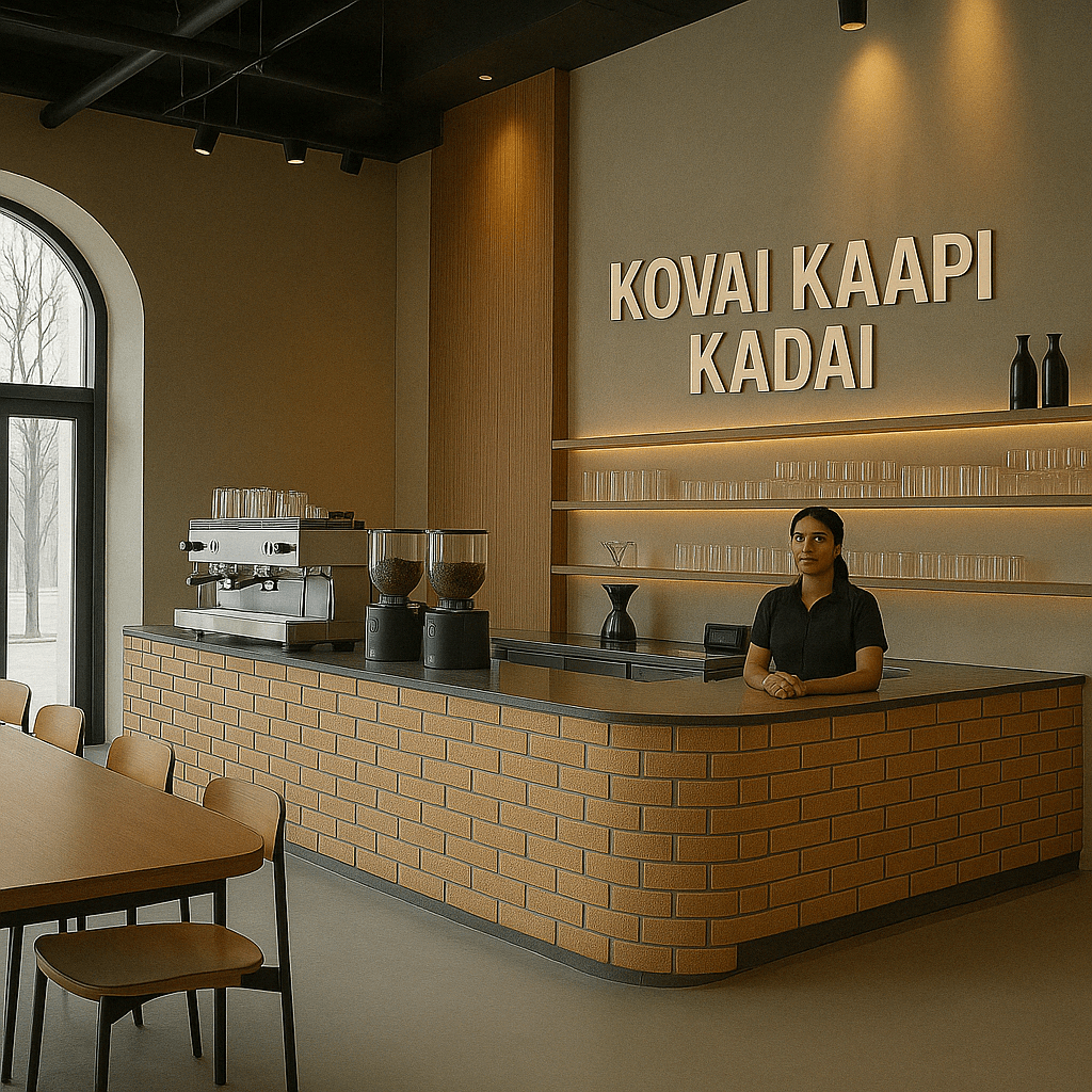 Contemporary coffee shop interior in Coimbatore, Tamilnadu, featuring a minimalist brick-clad counter, open shelving with glassware, and professional barista station — custom designed and executed by expert interior designers and contractors