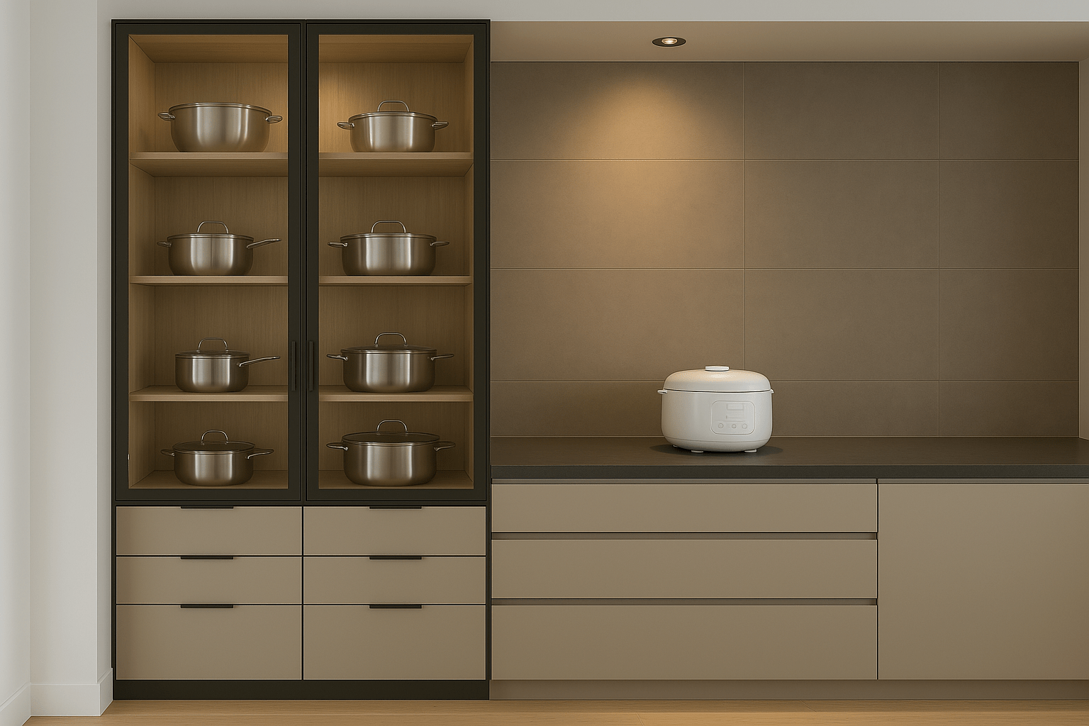 Modern crockery and utensil display unit with glass doors, matte-finish drawers, and dedicated appliance counter, custom designed for a modular kitchen at Sulur, Coimbatore – executed by expert interior designers and contractors.