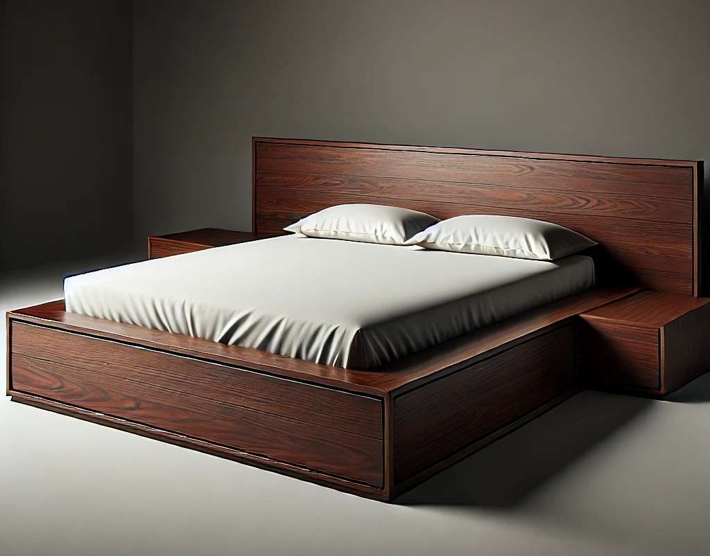 Contemporary king size cot with integrated side units in rich walnut finish – custom-designed and installed in Coimbatore. A space-saving, modern bedroom furniture solution crafted by turnkey interior contractors and furniture specialists.