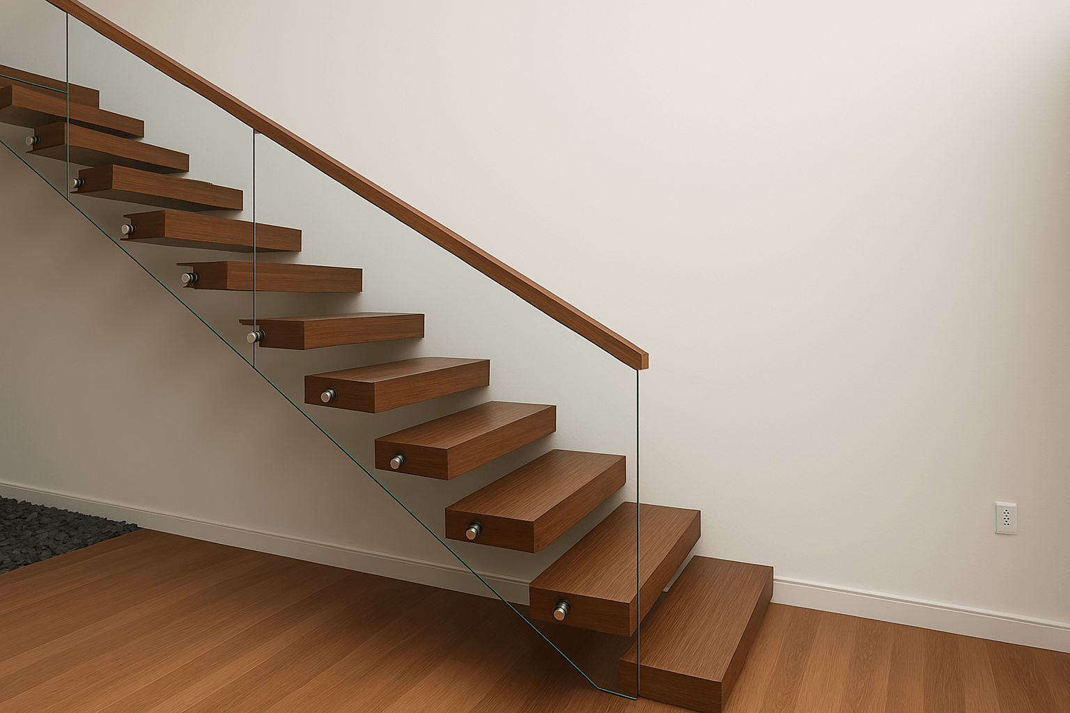 Floating wooden staircase with clear glass railing and minimalist metal supports, designed for a modern interior space – ideal for contemporary homes in Coimbatore and across Tamil Nadu.