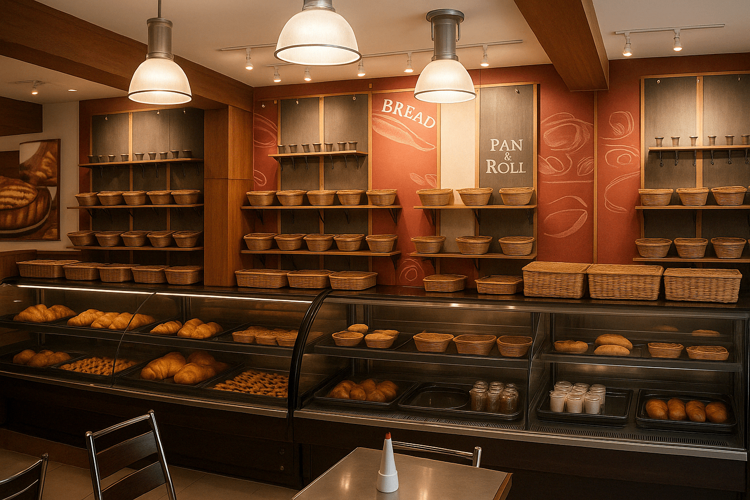 Rustic-themed bakery interior in Coimbatore, Tamilnadu, featuring wooden shelving, wicker baskets, and a glass display counter filled with fresh bread, croissants, and rolls — designed and executed by expert interior designers and contractors.