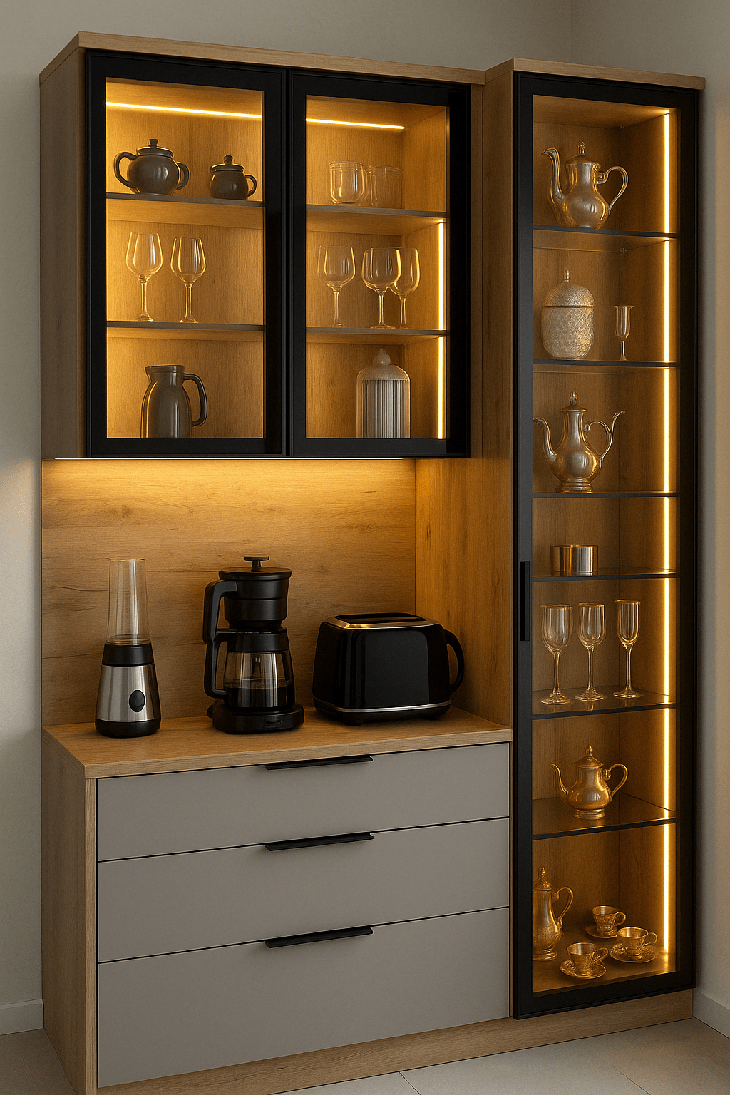 Elegant crockery and appliance display unit with black-framed glass cabinets, warm LED lighting, and matte-finish drawers – custom designed and installed at a home in Mettupalayam, Coimbatore by interior design and furniture experts.