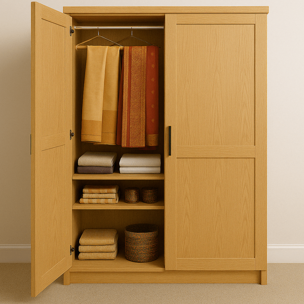 Budget-friendly Light oak-finish wardrobe showcasing neatly arranged traditional sarees, folded clothes, and baskets — compact modular wardrobe for Indian ethnic wear storage by expert interior designers in Ramanathapuram, Coimbatore, India.