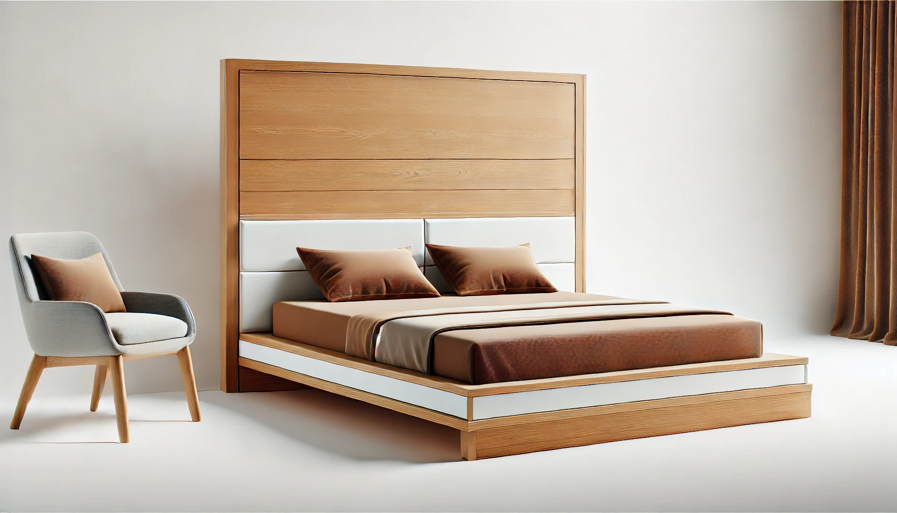 Modern king size bed with tall headboard in light wood and white panel design, crafted for elegant bedroom interiors in Tamilnadu, India – ideal for premium residential furniture and turnkey interior design solutions.