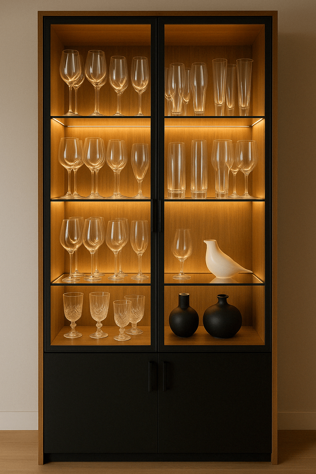 Stylish crockery and glassware display unit with black-framed glass doors, warm backlighting, and base storage, installed at a residence in Sathyamangalam, Tamil Nadu – crafted by expert interior designers and furniture makers.