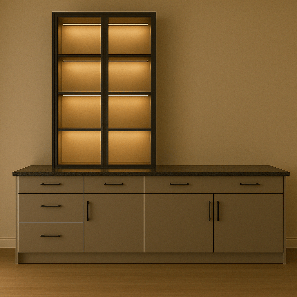 Modern crockery and storage unit with matte-finish base cabinets, granite countertop, and vertical glass-front display shelves with warm LED lighting – custom installed at a residence in Chennai, Tamil Nadu by expert interior designers and contractors.