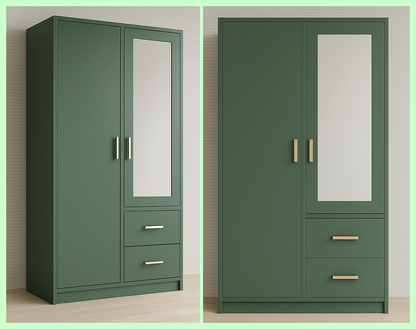 Contemporary green wardrobe which is affordable, cheap, best for its price, elegant with mirror and drawer storage available at Singanallur, Coimbatore. Designed, manufactured, and installed by our expert interior and furniture team.