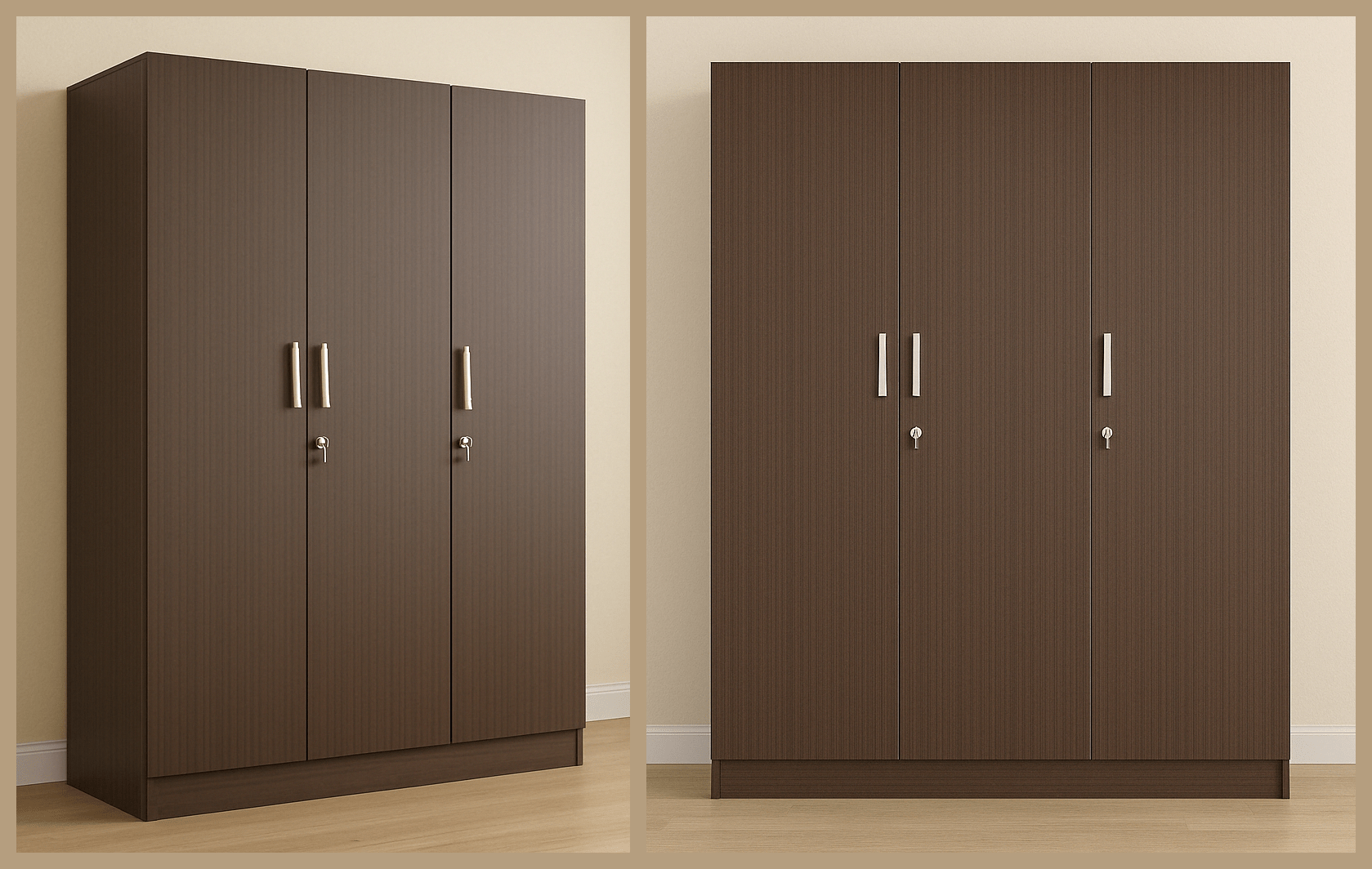 Elegant brown textured wardrobe available in 2, 3, and 4 shutter options, offering versatile storage solutions at discounted prices for modern homes in Mettupalayam, Ooty, Coonoor.