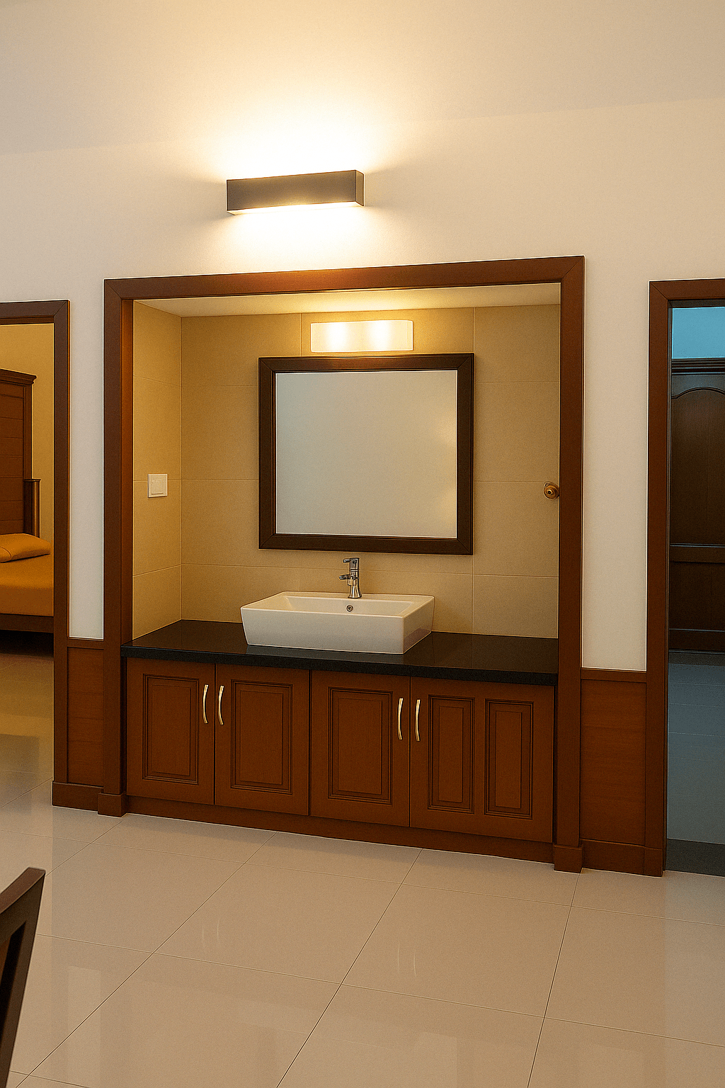 Elegant hand wash unit with mirror and under-sink storage cabinets in a warm wooden finish, installed in a Tamil Nadu residence by an expert interior designer and contractor – perfect blend of functionality and premium design.