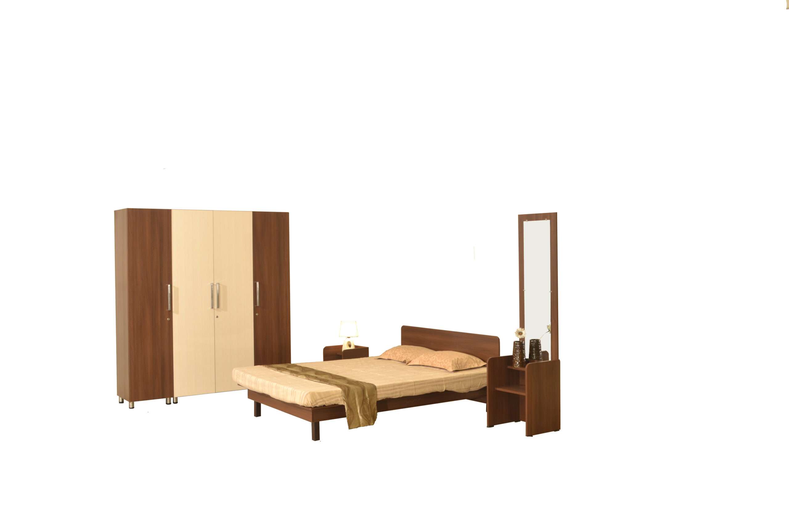 Elegant dark wood bedroom furniture set with cot, side tables, dresser, and a spacious wardrobe—perfect for modern homes and ideal as marriage gifts. Completed at Sulur, Trichy Road, Coimbatore by an expert interior designer and furniture seller offering turnkey solutions.