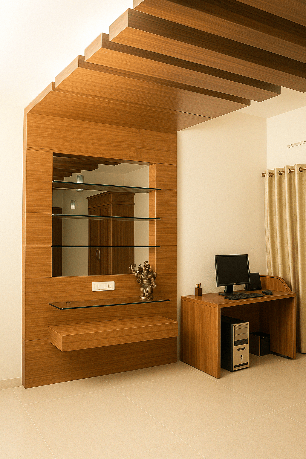 Bedroom interior featuring wooden panelling with mirror backing and glass display shelves, alongside a compact study desk at a residence in Tiruppur, Tamil Nadu.