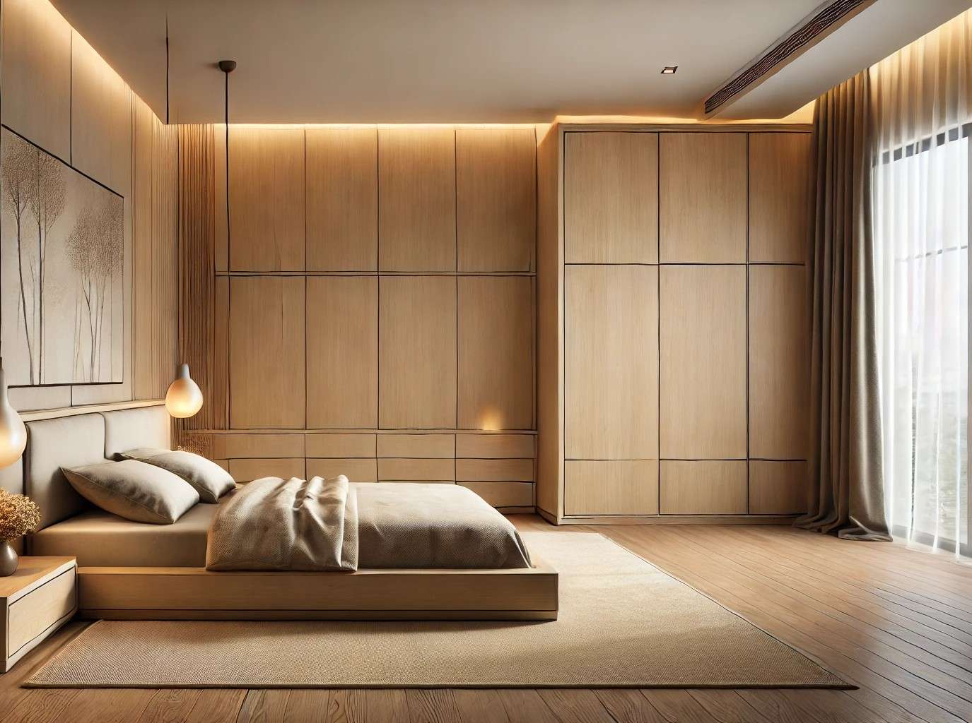 Contemporary bedroom design with seamless matching wall paneling and built-in wardrobes in a modern home at Chennai, Tamil Nadu. Designed, manufactured, and installed by our expert interior and furniture team.