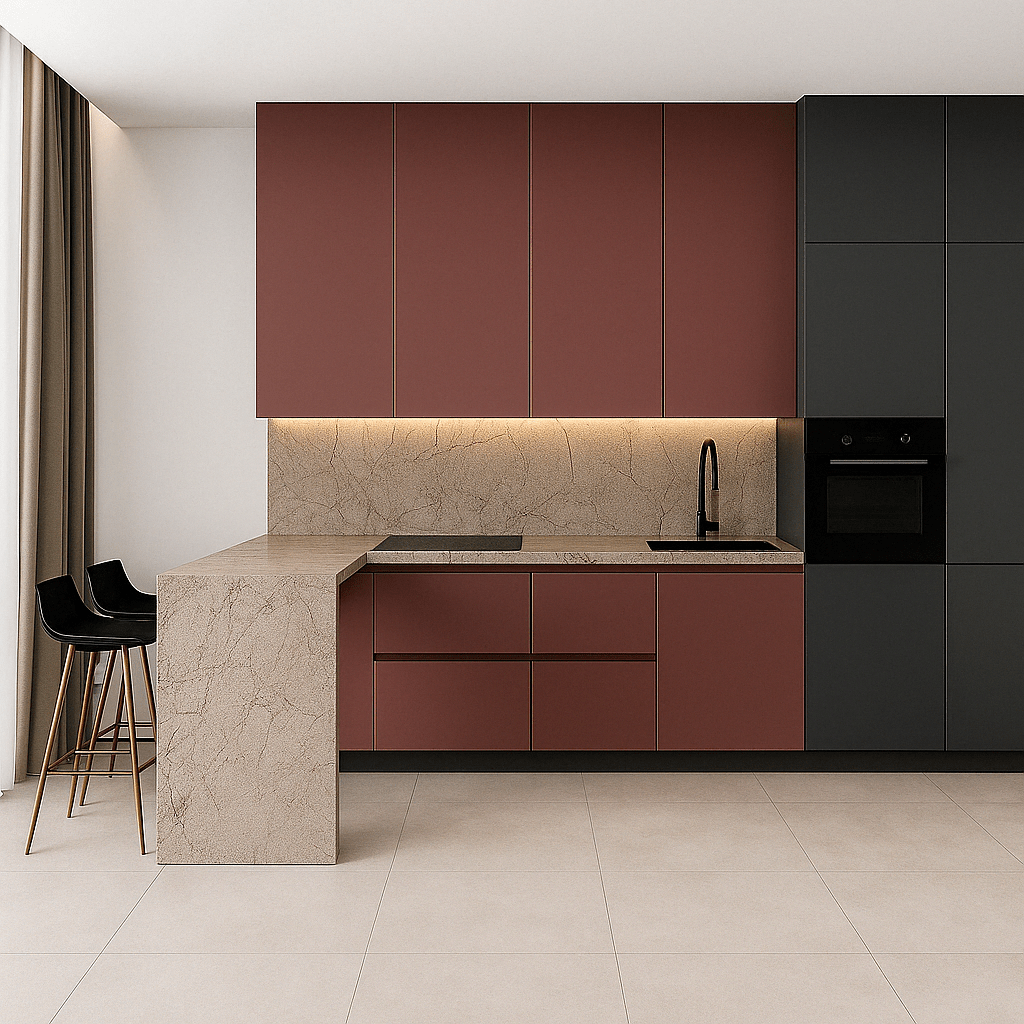 Stylish modular kitchen in Salem with matte maroon and black cabinets, stone-textured counters, and sleek modern finishes, Fully designed, manufactured, and installed by our expert interior and furniture team.