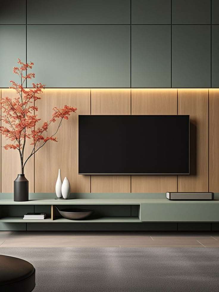 Custom-made TV unit featuring solid green cabinetry with light wood paneling and integrated lighting, designed for a residence in Coimbatore, Tamil Nadu.