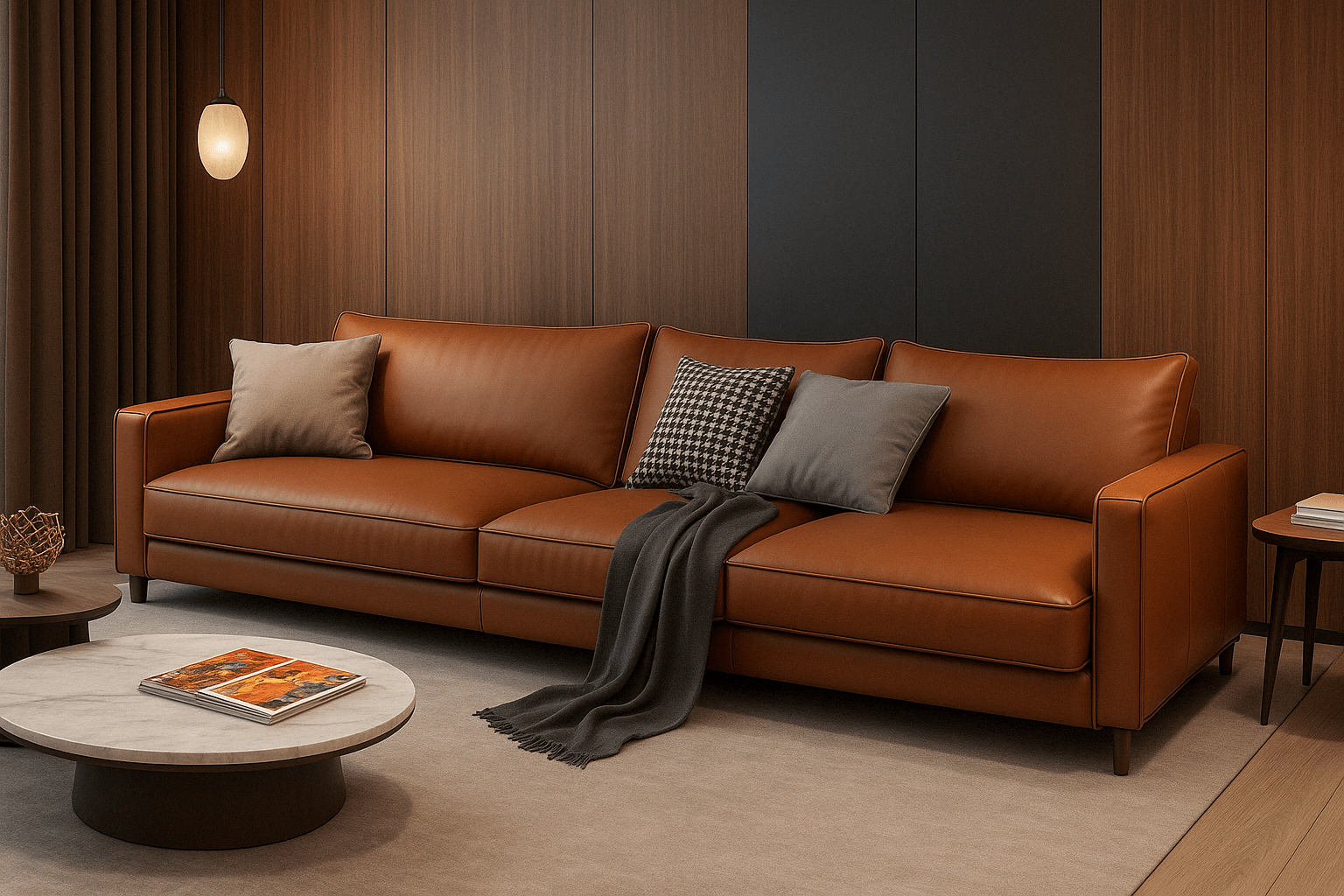 This contemporary living room with brown leather sofa, elegant wall paneling, and modern pendant lighting is designed, manufactured, and installed by our expert interior and furniture team at a residence on Palladam Road, Tiruppur, Tamil Nadu.