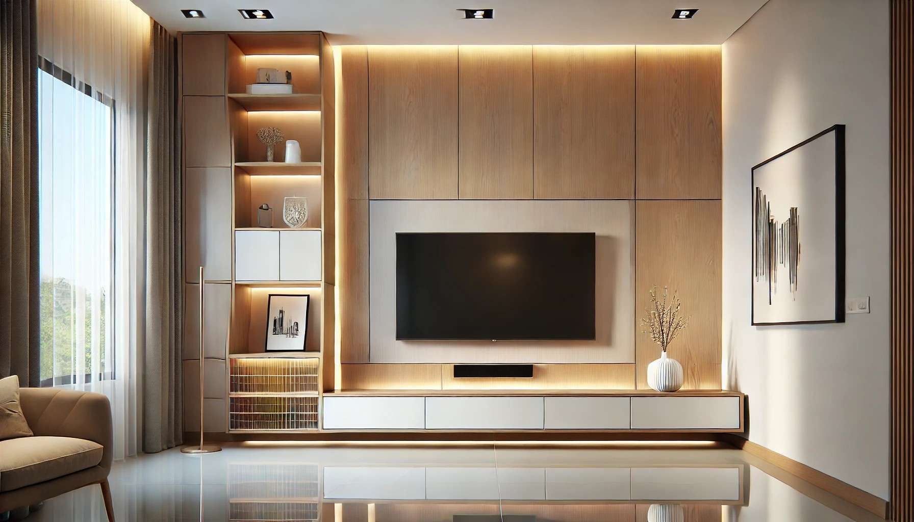 Stylish living room TV unit with light wood paneling, ambient shelf lighting, and sleek white drawers at a residence in Erode, Tamil Nadu. Designed, manufactured, and installed by our expert interior and furniture team.