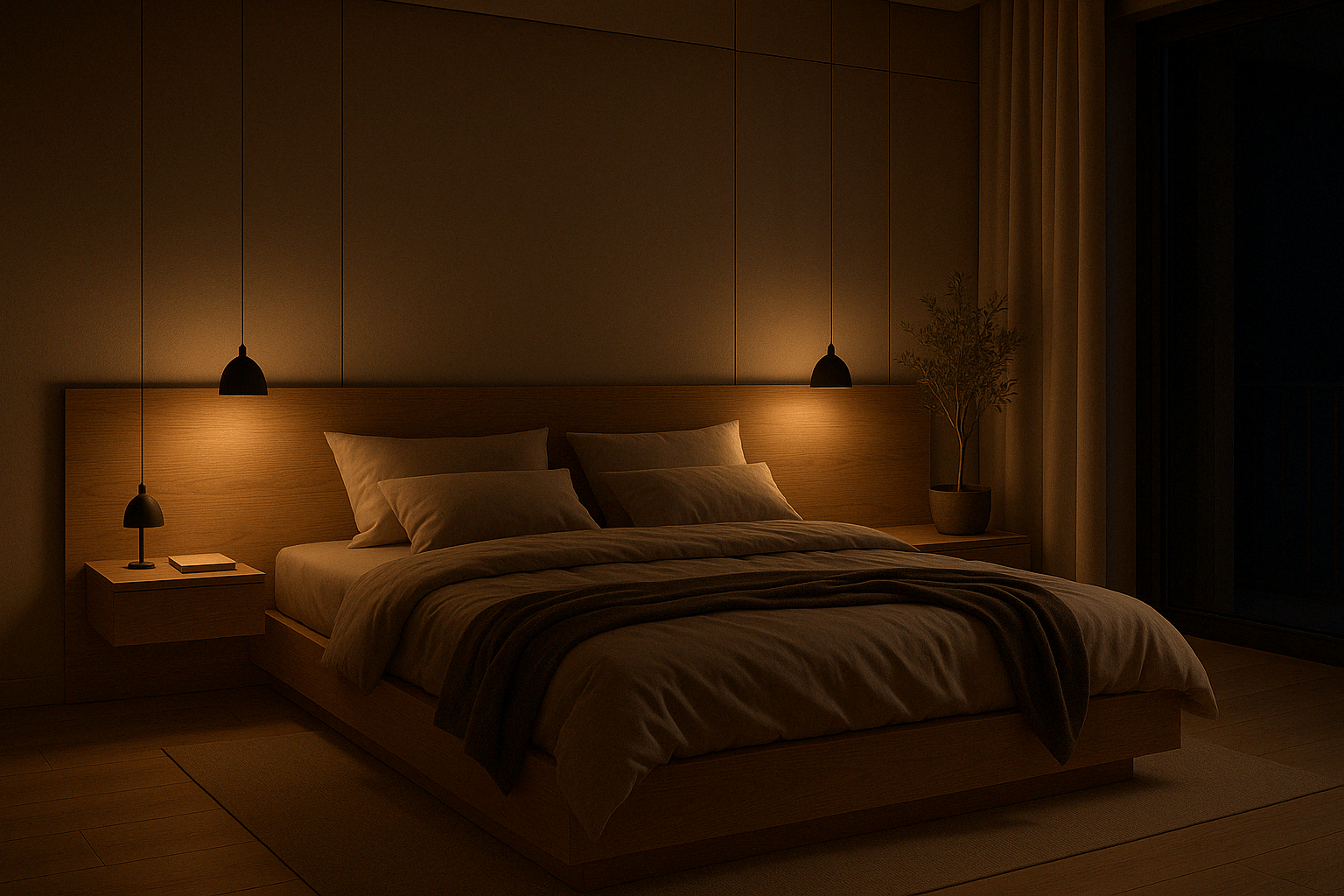 Warm and minimal bedroom interior with wooden platform bed, soft lighting, and pendant lamps is designed, manufactured, and installed by our expert interior and furniture team at a residence on Sathy Road, Ganapathy, Coimbatore.