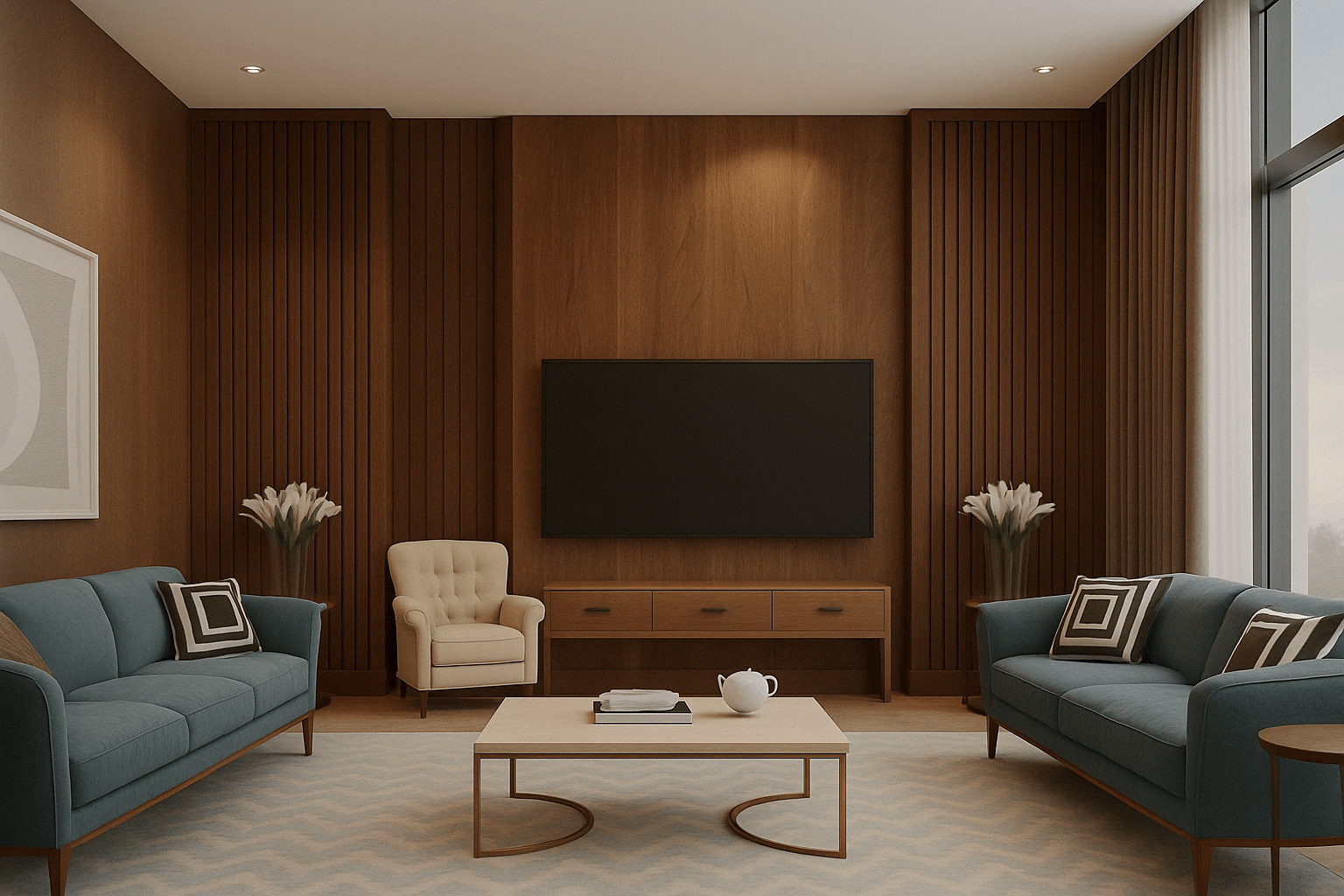 Elegant living room interior featuring fluted wooden wall panels, modern TV unit, and minimalist furniture at a residence in Salem, Tamil Nadu. Fully designed, manufactured, and installed by our expert interior and furniture team.