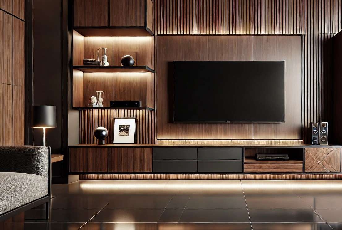 Sophisticated TV unit with vertical fluted wood paneling, matte black drawers, open shelving, and warm accent lighting in a luxury living room in Sathy Road, Coimbatore