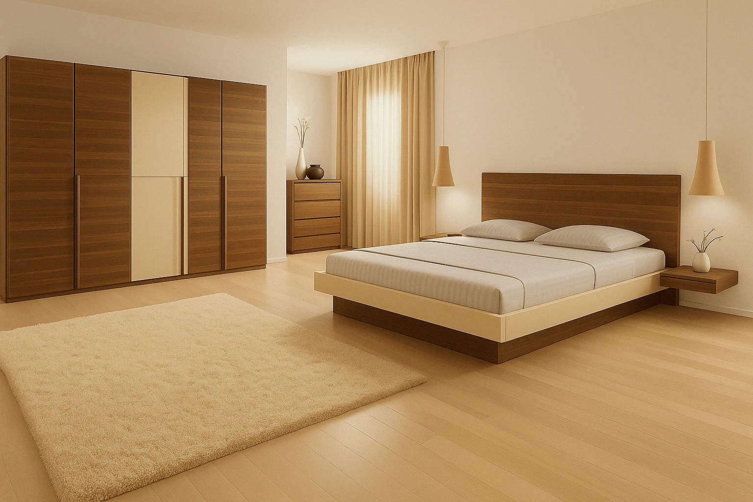 Minimalist bedroom interior with a two-tone wooden wardrobe, platform bed with wood panel headboard, and neutral beige accents, designed for a home at Neelambur, Avinashi Road, Coimbatore.