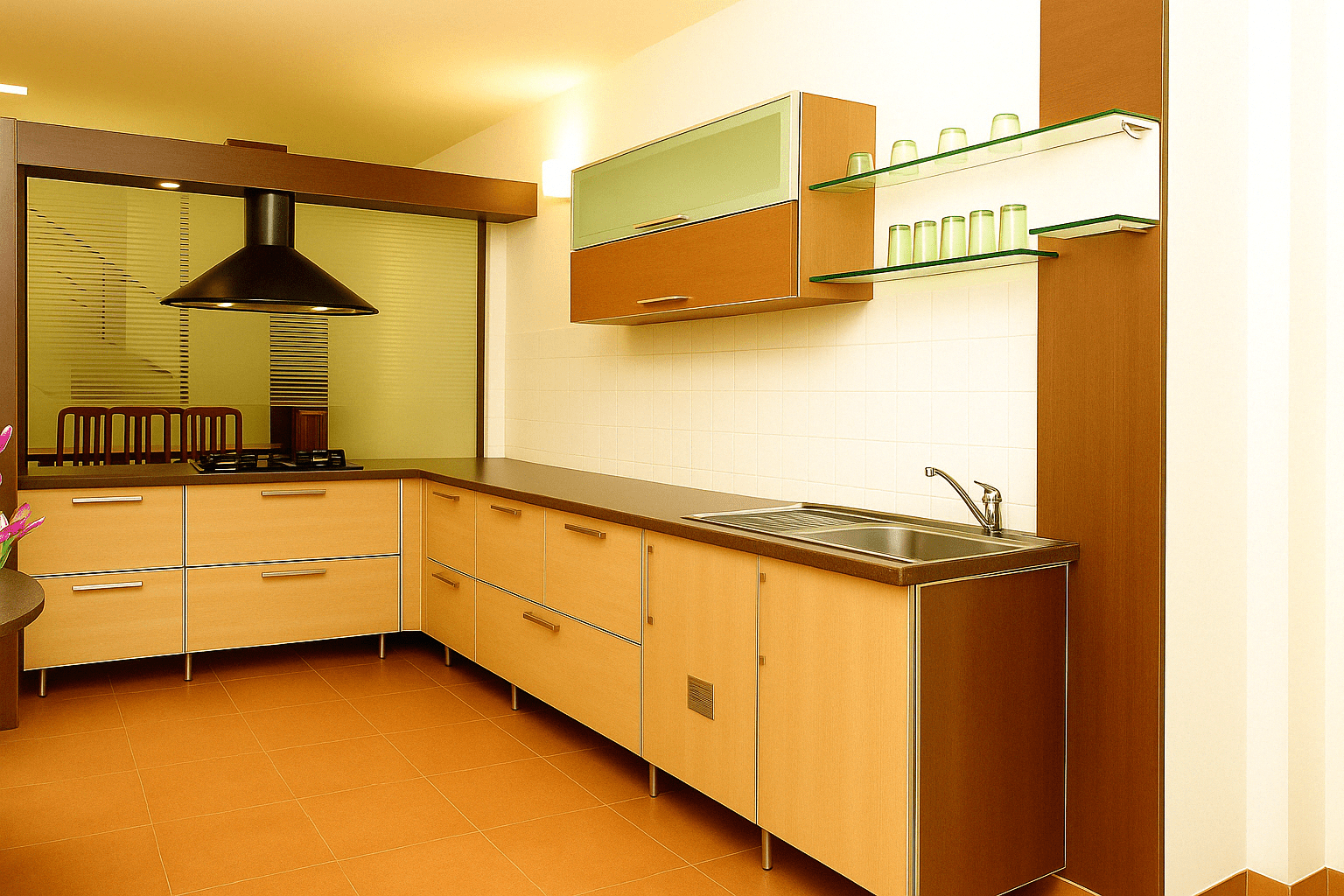 Sleek modular kitchen in Ganapathy, Coimbatore featuring glass shutters with aluminium profiles, minimalist drawers, and clean contemporary finishes. Fully designed, manufactured, and installed by our expert interior and furniture team.