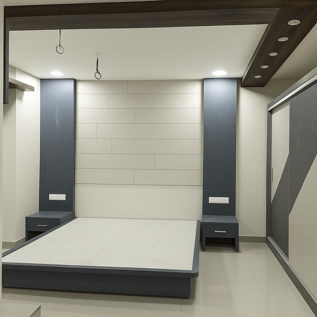 Modern bedroom interior in black and white theme featuring a sleek platform bed, paneled headboard wall, and sliding wardrobe with geometric design, in Mettupalayam, Tamil Nadu.