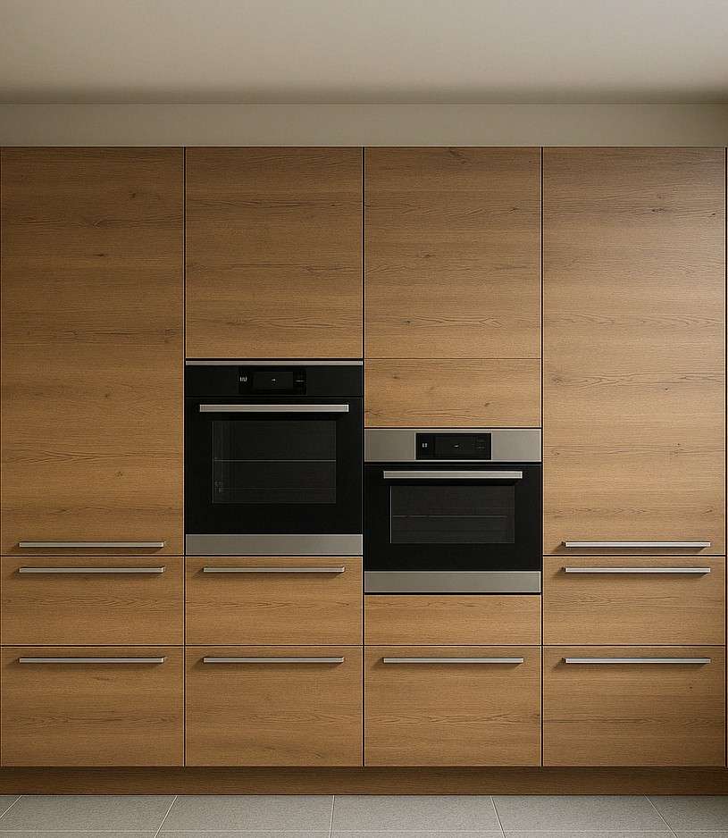 Modular kitchen in Tiruppur with built-in oven and microwave seamlessly integrated into wood-finish tall units. Fully designed, manufactured, and installed by our expert interior and furniture team.
