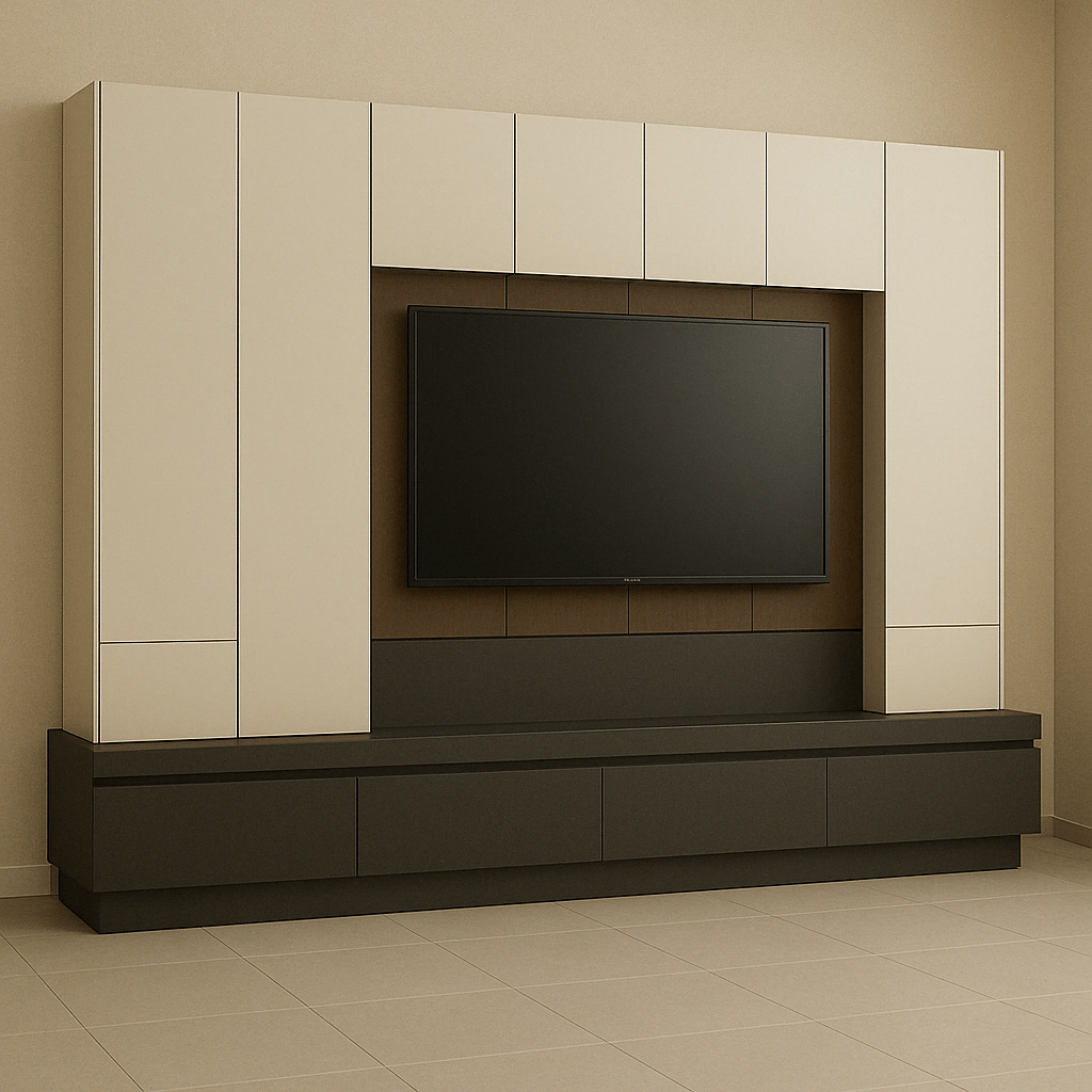 Compact TV unit with integrated storage cabinets in a modern flat at an apartment on Trichy road, Singanallur, Coimbatore. Designed, manufactured, and installed by our expert interior and furniture team.