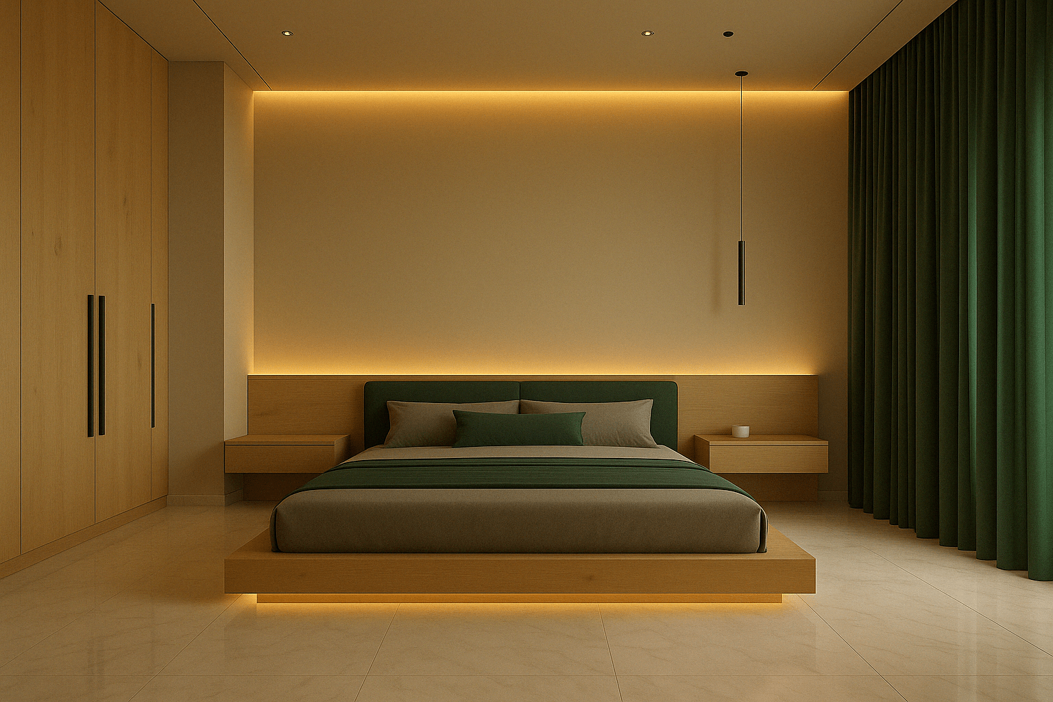 Elegant bedroom with minimal design featuring a floating wooden bed with green upholstered headboard, warm cove lighting, floor-to-ceiling green curtains, and built-in wardrobes with sleek black handles at Kovaipudhur, Coimbatore, Tamil Nadu.