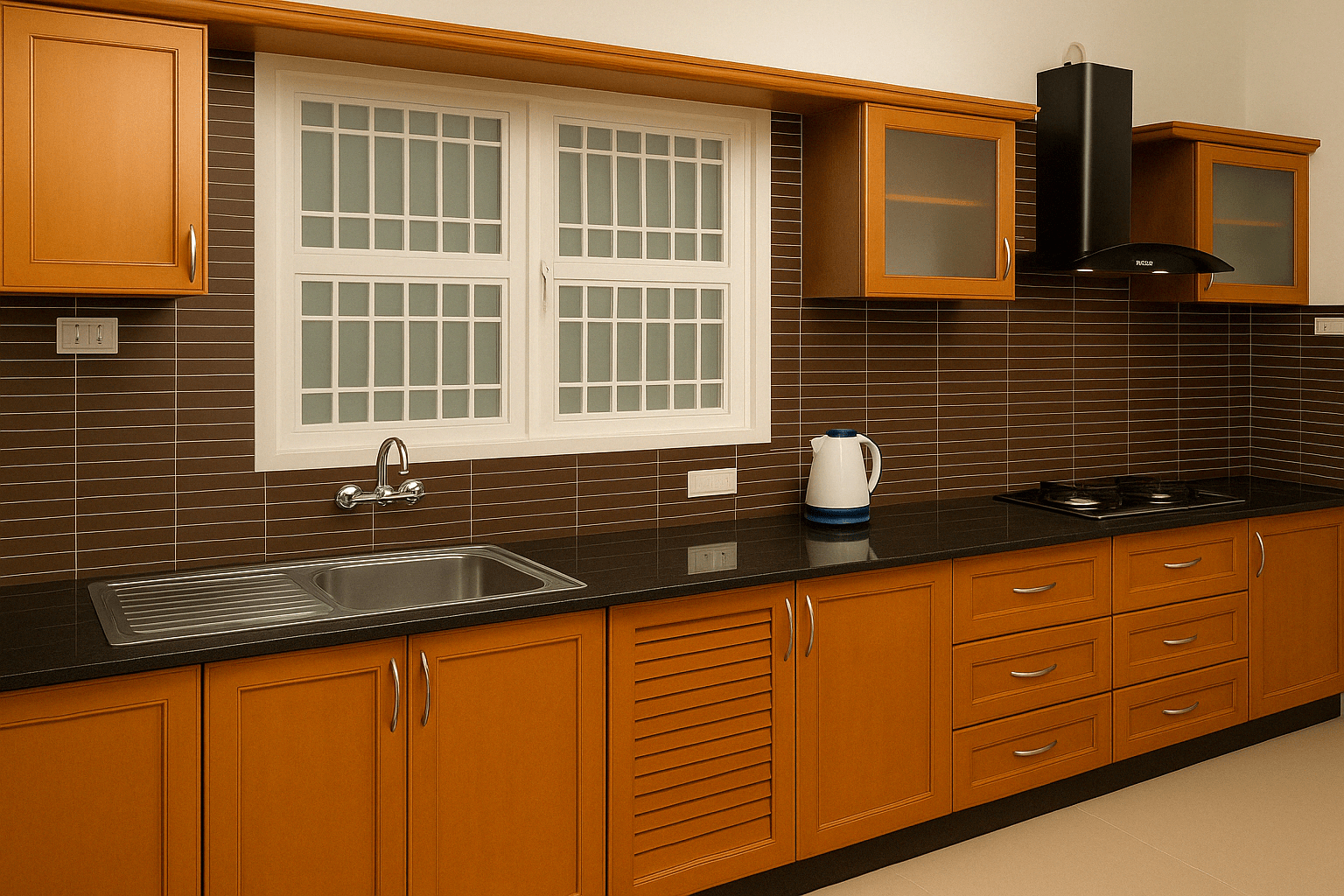 Traditional-style modular kitchen in Thindal, Erode with teak-shutters. Fully designed, manufactured, and installed by our expert interior and furniture team.