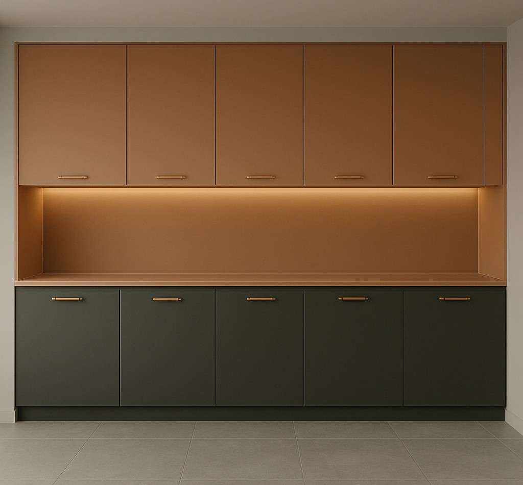 Affordable modular kitchen in Irugur, Coimbatore with engineered wood cabinets in dual-tone brown and olive green shutters, and warm under-cabinet lighting. Fully designed, manufactured, and installed by our expert interior and furniture team.