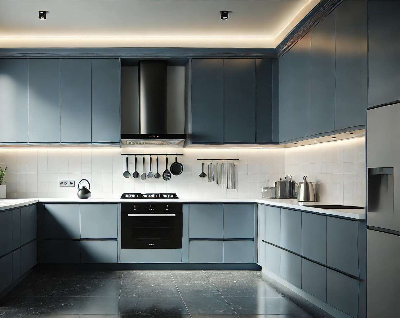 Modern modular kitchen in Palladam, Tamil Nadu with matte blue cabinets, under-cabinet lighting, and built-in appliances. Fully designed, manufactured, and installed by our expert interior and furniture team.