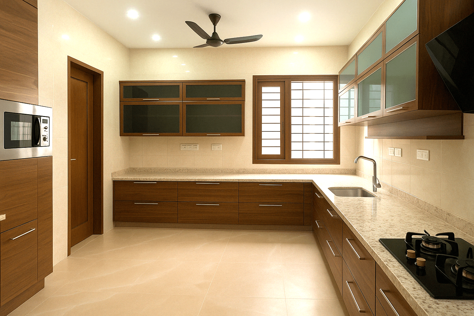 Contemporary modular kitchen in Saibaba Colony, Coimbatore with wood-grain finish cabinets, frosted glass shutters, built-in appliances, and Korean acrylic countertops. Fully designed, manufactured, and installed by our expert interior and furniture team.