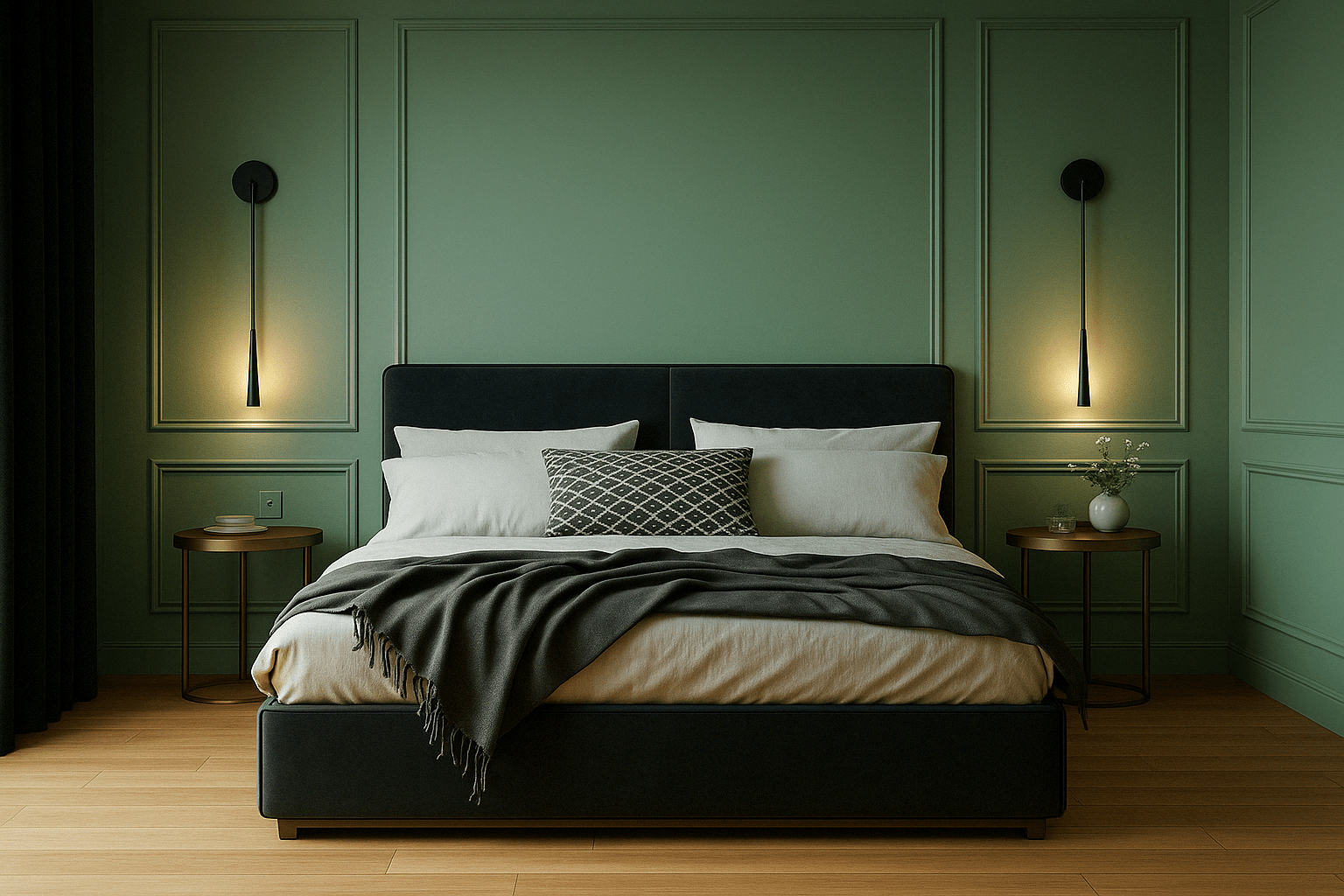 Elegant bedroom interior with sage green wall paneling, a modern upholstered bed in charcoal grey, warm wooden flooring, and minimalist pendant lighting. Styled with neutral bedding and side tables with accessories at Kovaipudhur, Coimbatore.