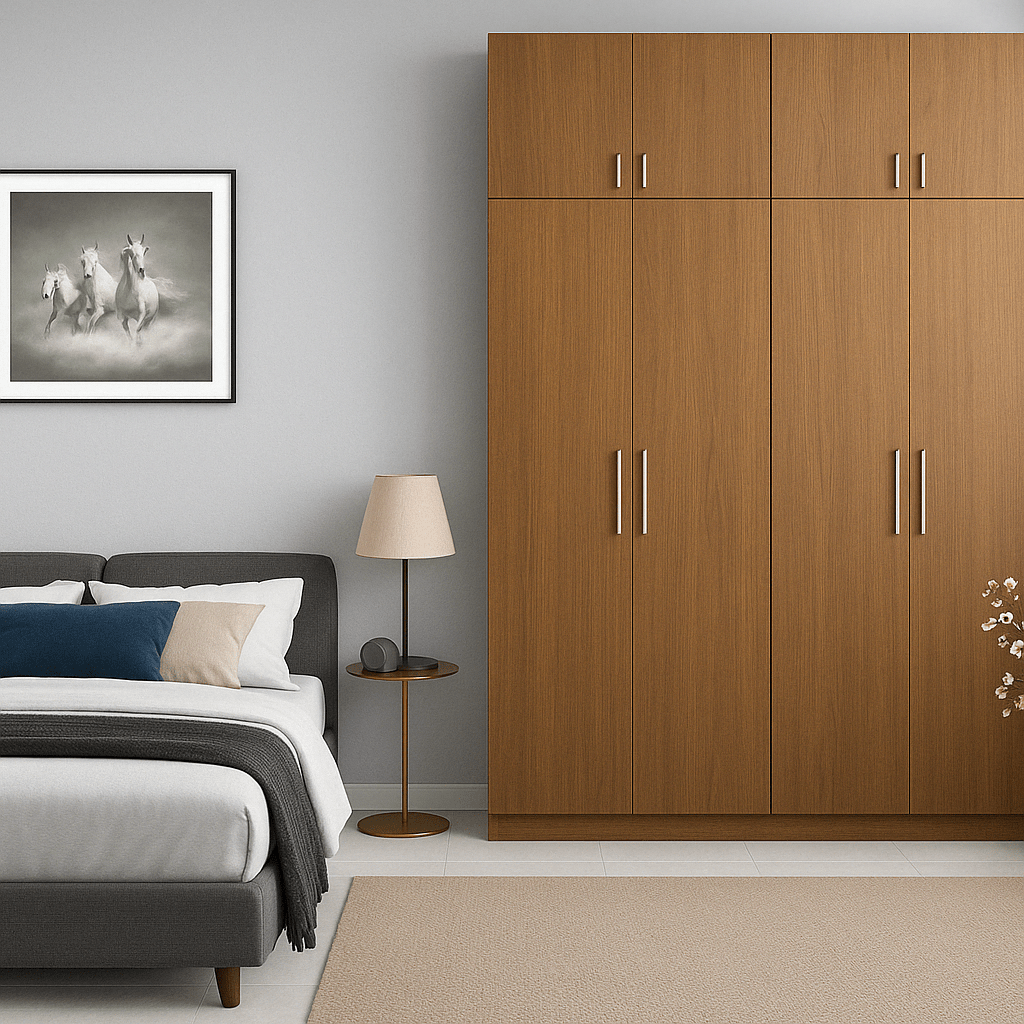 Contemporary and affordable bedroom interior featuring a sleek modular wardrobe with natural wood finish and metal handles, paired with a modern upholstered bed and neutral-toned decor. Executed at Mettupalayam, Tamilnadu.