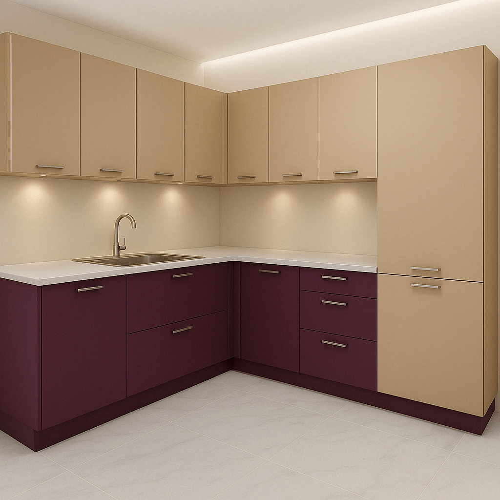 Affordable dual-tone modular kitchen in Udumalai, Udumalaipet, Udumalaipettai with beige and maroon cabinets, under-cabinet lighting, and sleek modern design. Fully designed, manufactured, and installed by our expert interior and furniture team.