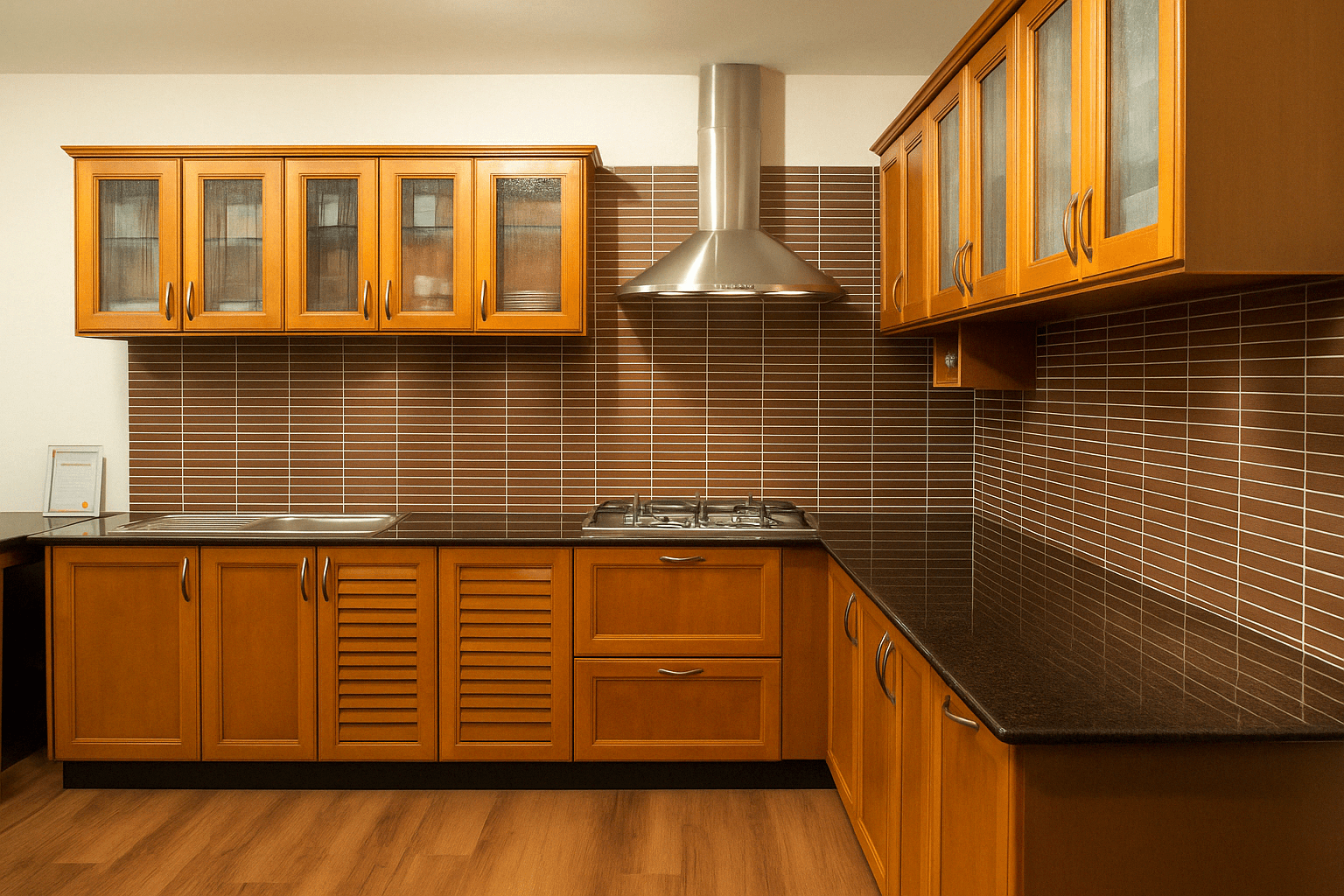 Modular kitchen in Pollachi, Tamilnadu fully designed, manufactured, and installed by our expert interior and furniture team with paneled shutters, frosted glass cabinets, rich wooden finish, and brown tile backsplash.