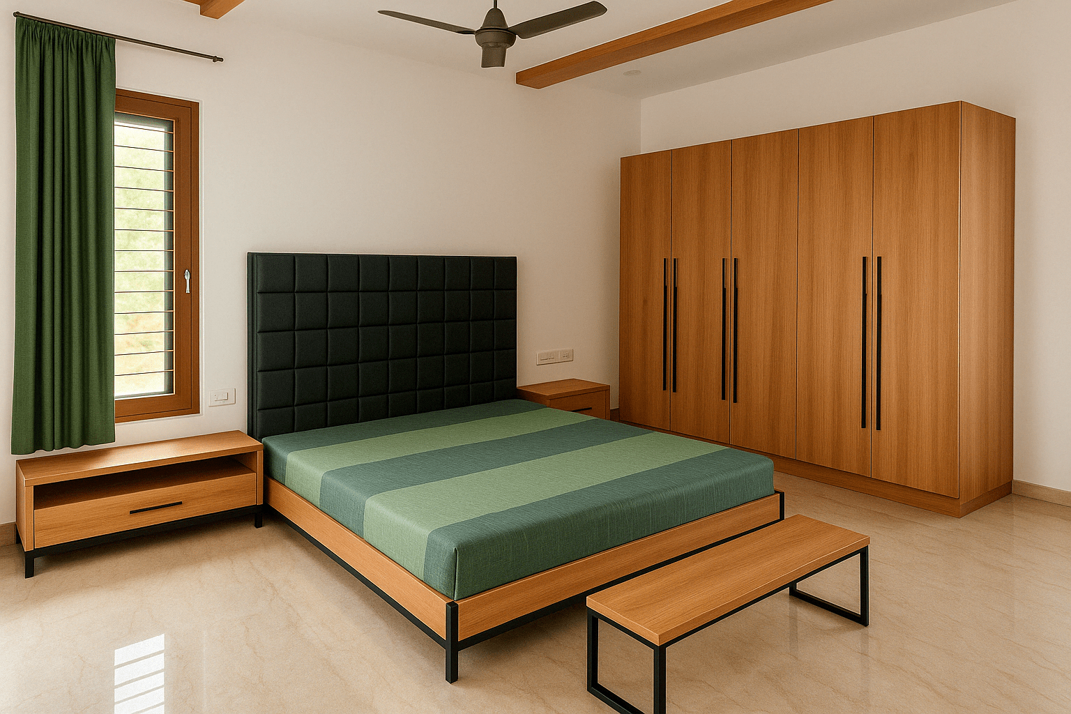 Minimalist bedroom with green and wood-themed interiors, featuring a grid-patterned upholstered black headboard, green striped mattress, wooden wardrobe with sleek black handles, and coordinated bench and nightstands. Designed at Trichy road, Coimbatore.
