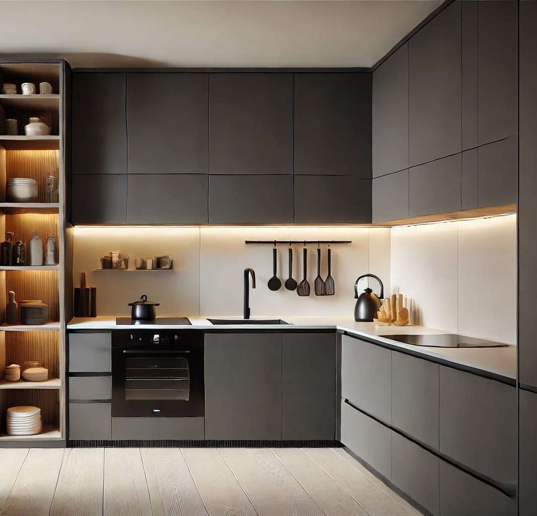 Contemporary modular kitchen in Sathi, Sathyamangalam fully designed, manufactured, and installed by our expert interior and furniture team with recessed aluminium profile handles, matte black cabinets, open shelf display, and under-cabinet lighting.