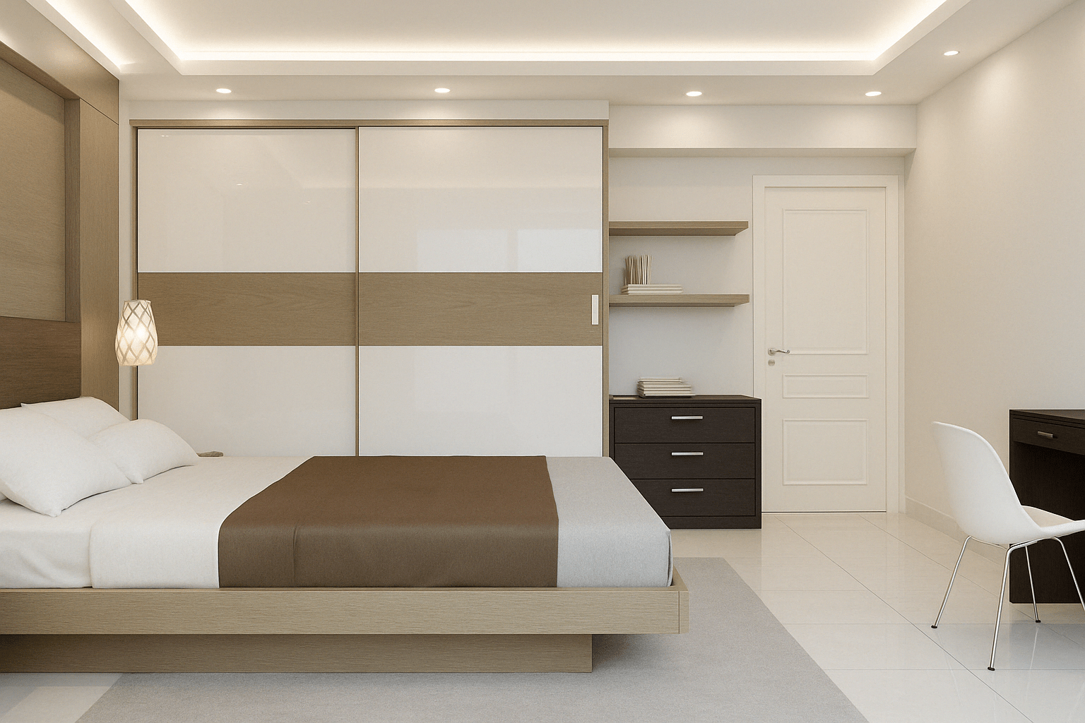 Contemporary bedroom featuring a sleek sliding wardrobe with white and wood-toned panels, minimalist floating bed with brown and white bedding, and a clean, neutral color palette. Project executed at Ganapathy, Coimbatore.