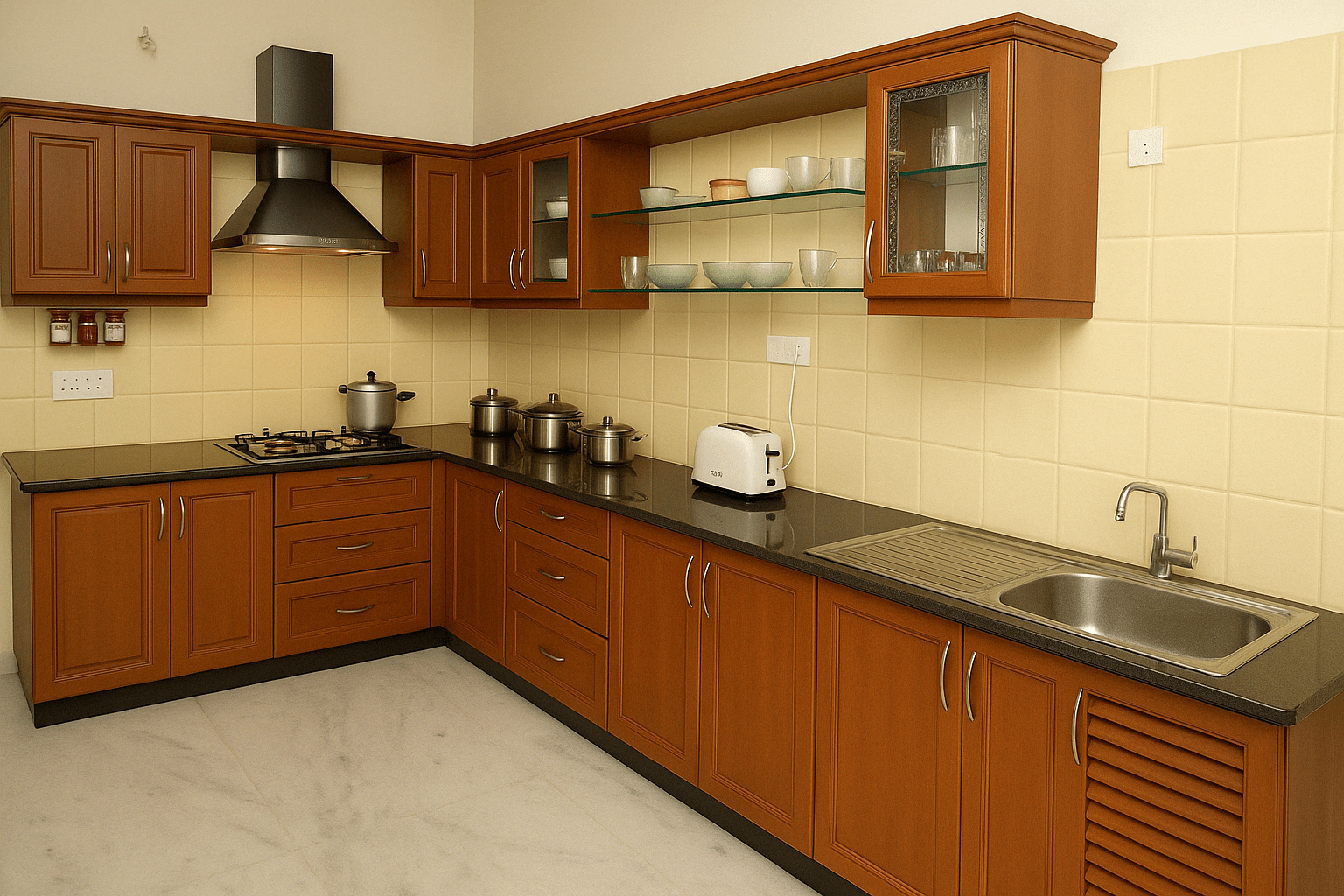 Solid teak wood modular kitchen in Perundurai, Tamil Nadu fully designed, manufactured, and installed by our expert interior and furniture team with paneled shutters, open glass shelves