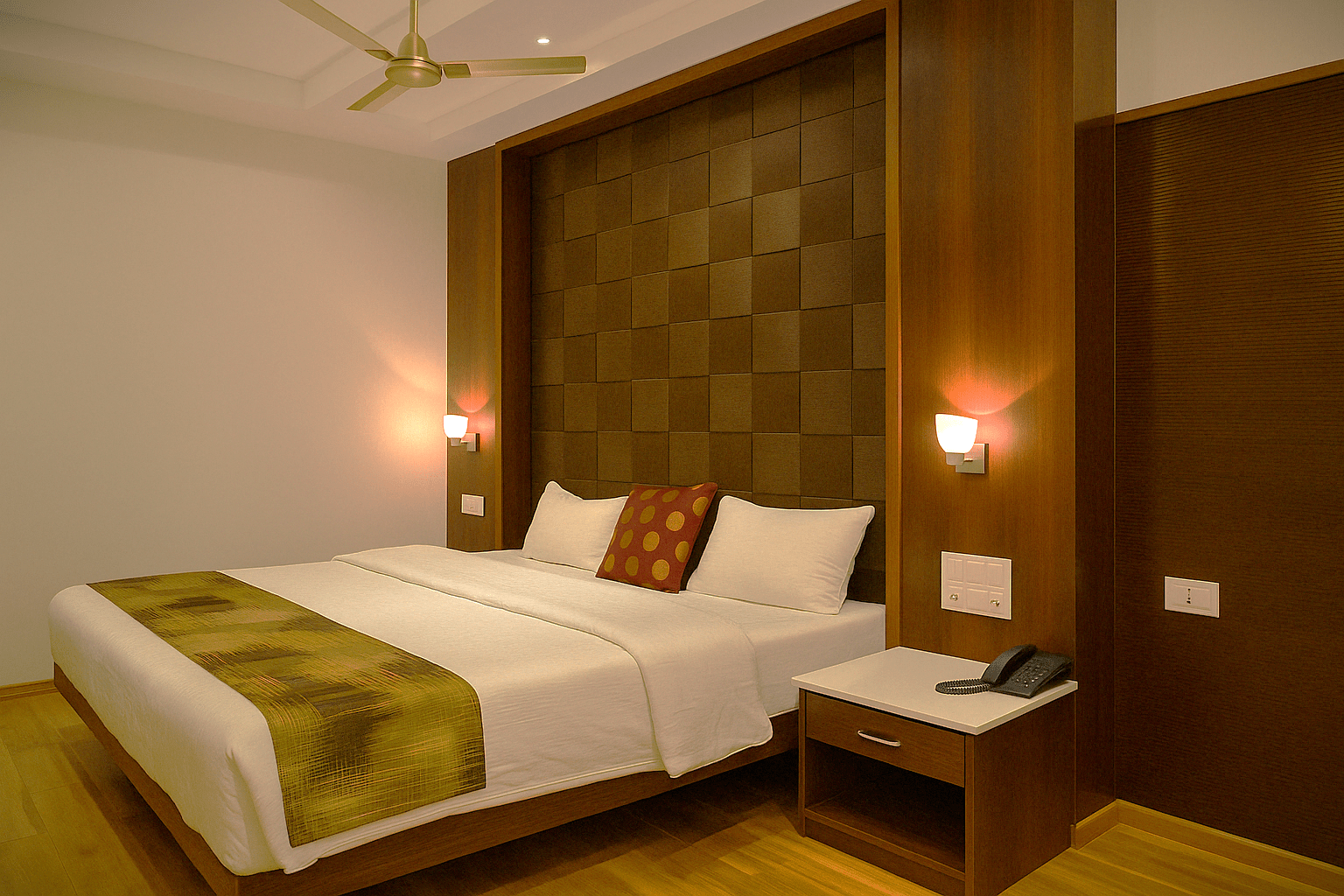 Hotel-style bedroom interior featuring a wooden bed with crisp white linen, an accent headboard with brown padded squares, flanked by warm wall sconces, and a compact bedside table at Kothagiri, Tamilnadu.