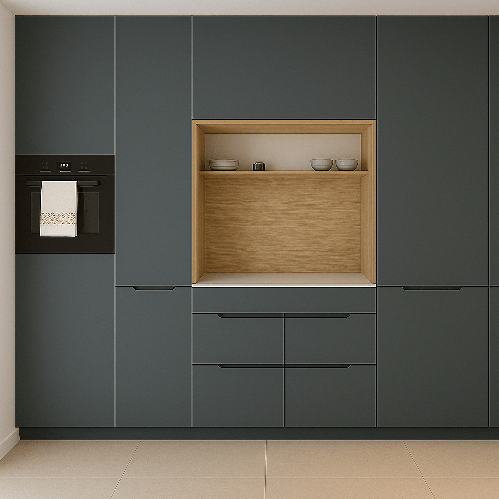 Tall storage cabinet in modular kitchen at Gobi, Gobichettipalayam featuring grey and beige dual-tone finish with black profile handles and open shelf display. Fully designed, manufactured, and installed by our expert interior and furniture team.