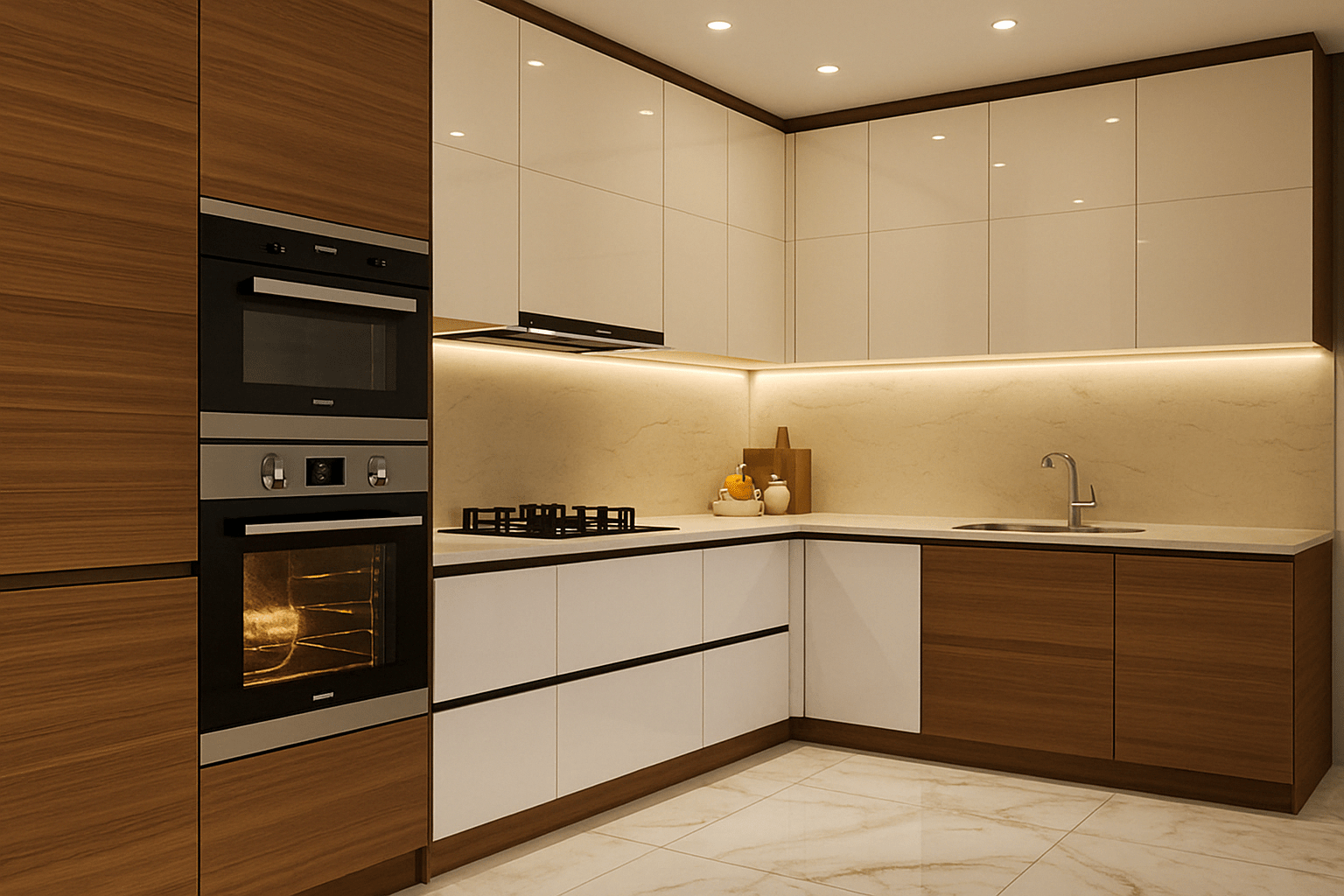 Modern modular kitchen in Salem with light and dark dual-tone shutters, built-in appliances, under-cabinet lighting, and a sleek contemporary design. Fully designed, manufactured, and installed by our expert interior and furniture team.