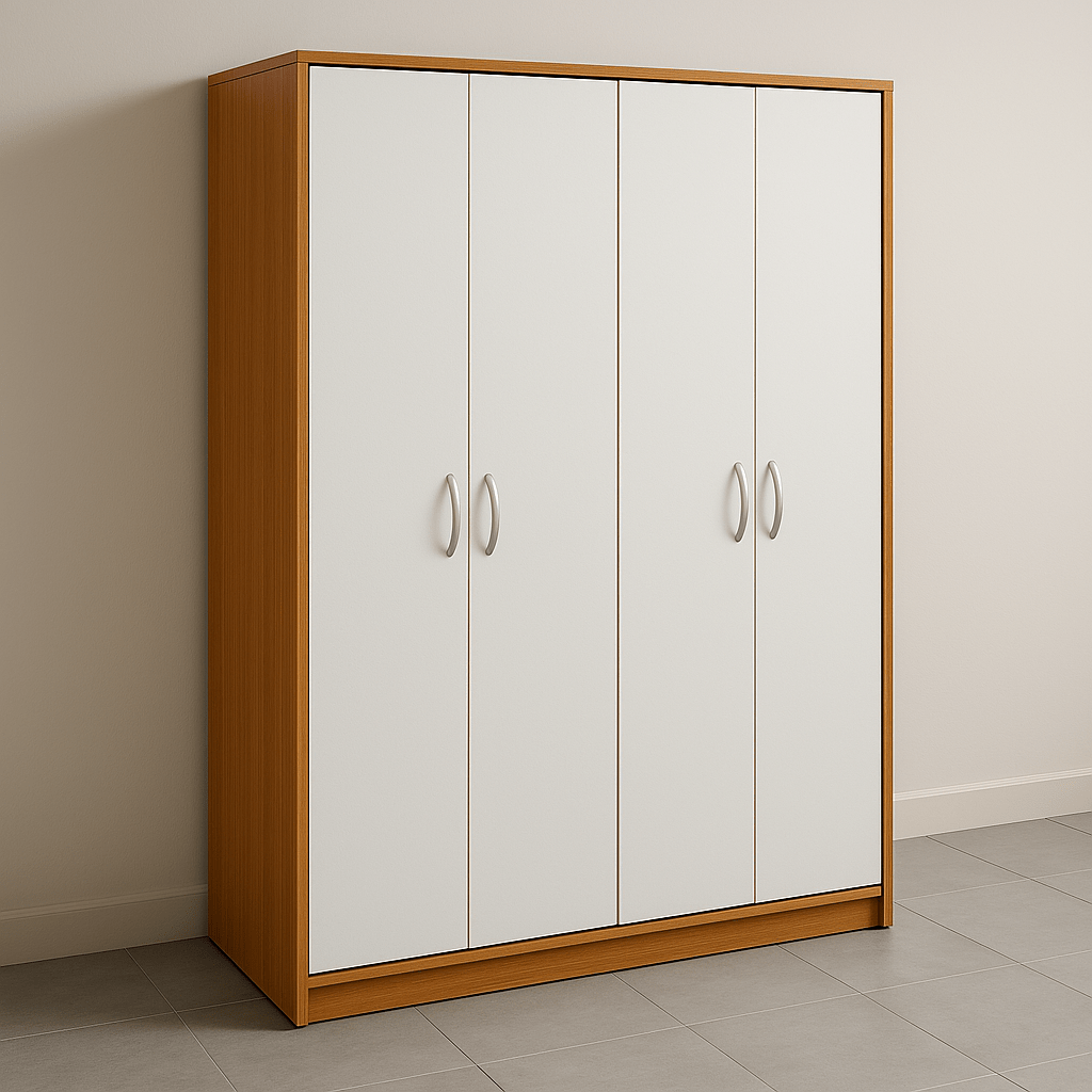 Affordable 3-door engineered wood wardrobe with white shutters, ideal for compact apartments. Modern and space-saving design, available in Coimbatore, Tamilnadu – perfect for urban homes and rental spaces.
                