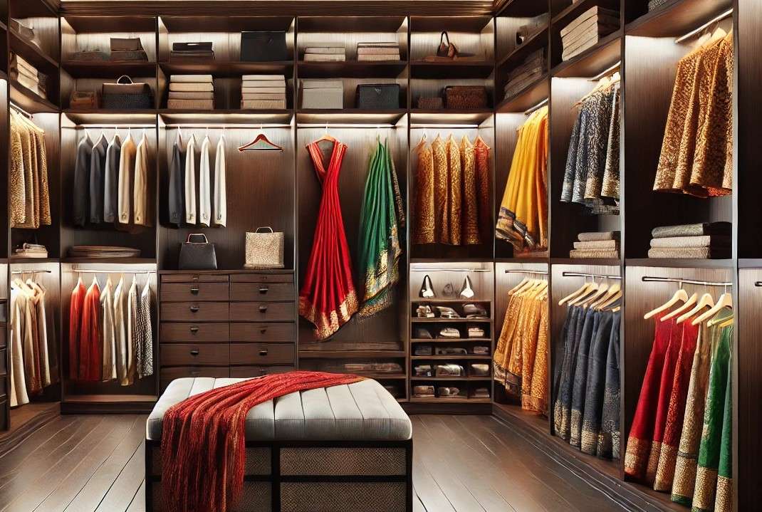Luxury walk-in wardrobe customized for Indian clothing like sarees, lehengas, and ethnic wear, with organized shelving, drawers, and saree hanger rods; available in Coimbatore, Ooty, Mettupalayam, Tiruppur, Erode, Salem, and Pollachi.
                            