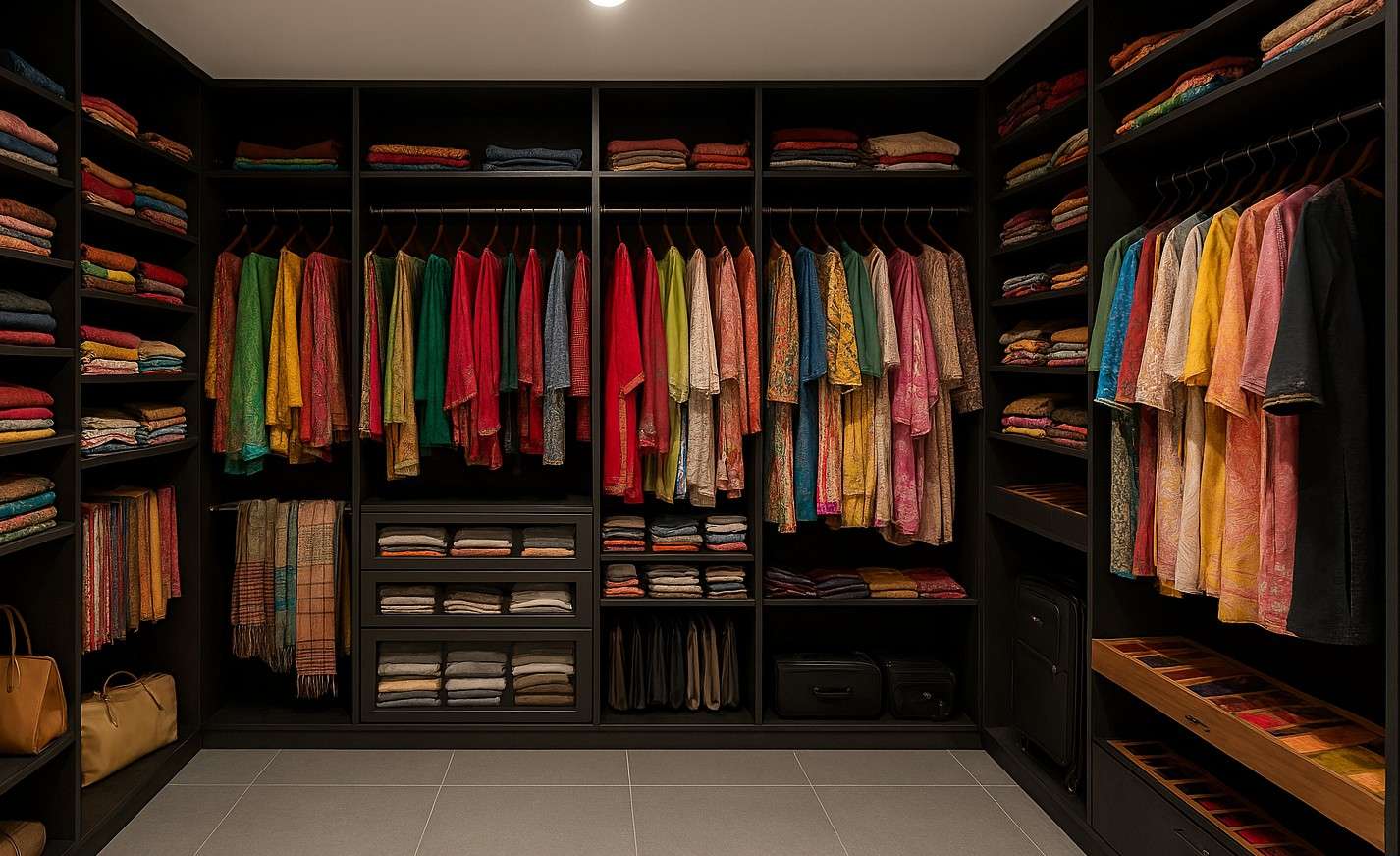 Luxury walk-in wardrobe customized for Indian clothing like sarees, lehengas, and ethnic wear, with organized shelving, drawers, and saree hanger rods; available in available in Coimbatore, Tamilnadu.
                